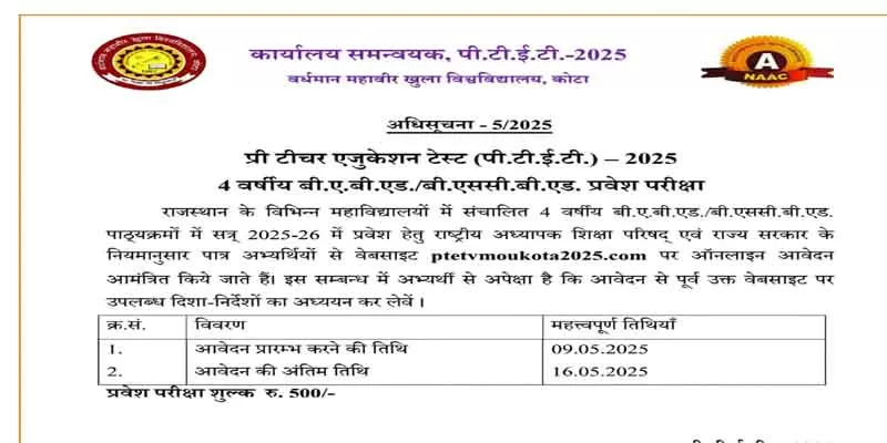 Rajasthan PTET Form Date Extended